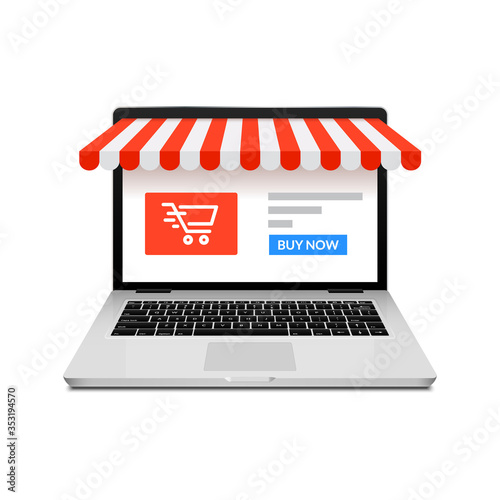 Online shop ecommerce store vector laptop. Buy cartoon flat digital online shop