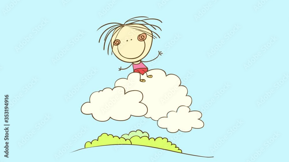 animated portrait of a girl sitting on cloud above green bushes on a hill forming with the colors appearing on screen turning and the outline falling animated portrait of a girl sitting on cloud above green bushes on a hill forming with the colors appearing on screen turning and the outline falling