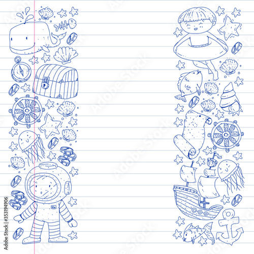 Vector set with underwater diving icons and pirate elements. Treasure chest, ship, octopus, diver. Little boys and kingergarten preschool girls summer vacation and adnventure