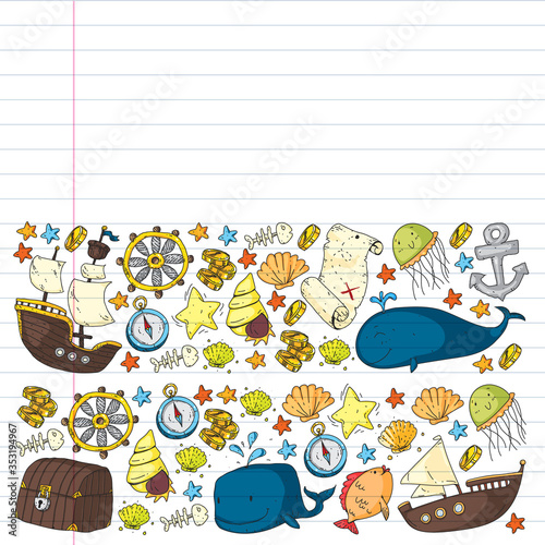 Vector set with underwater diving icons and pirate elements. Treasure chest, ship, octopus, diver. Little boys and kingergarten preschool girls summer vacation and adnventure