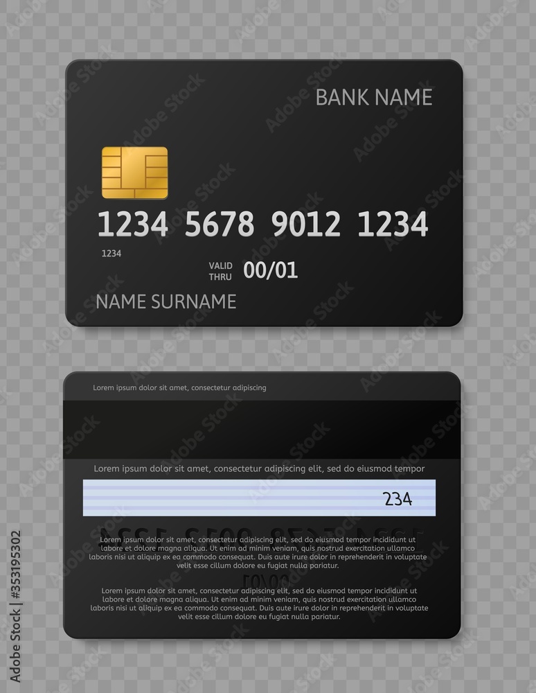 Black credit card. Realistic credit debit cards with chip, front and back side mockup for bank transaction vector template Black credit card. Realistic credit debit cards with chip, front and back side mockup for bank transaction vector template