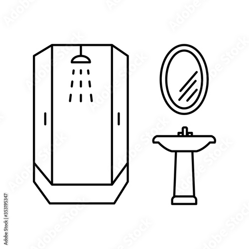 Bathroom furniture line vector icons. Shower, sink, mirror. Editable stroke.