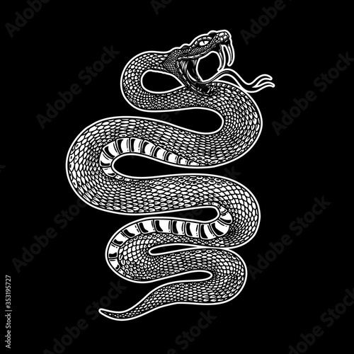 Illustration of poisonous snake  in engraving style. Design element for logo, label, emblem, sign, badge. Vector illustration