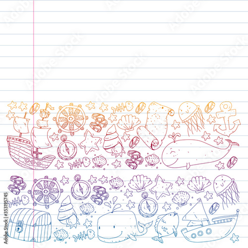 Vector set with underwater diving icons and pirate elements. Treasure chest, ship, octopus, diver. Little boys and kingergarten preschool girls summer vacation and adnventure