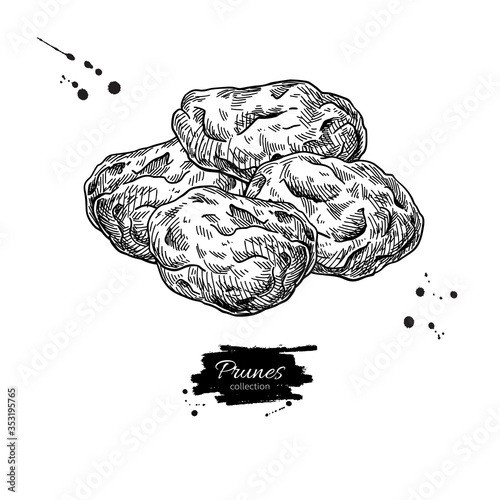 Dried plum heap. Prune vector drawing. Hand drawn dehydrated fruit illustration.
