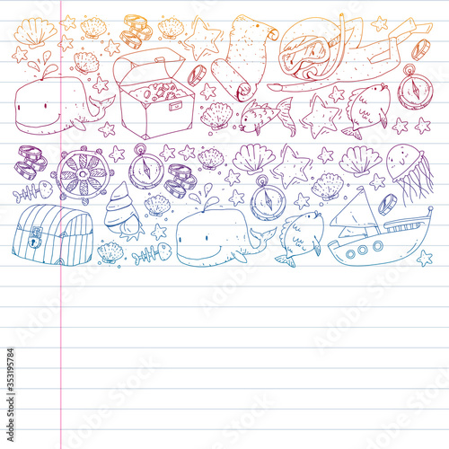 Vector set with underwater diving icons and pirate elements. Treasure chest, ship, octopus, diver. Little boys and kingergarten preschool girls summer vacation and adnventure