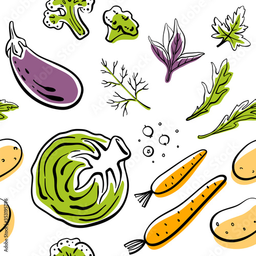 Seamless pattern with various vegetables and herbs. Colorful sketch of healthy vegetables and herbs isolated on white background. Doodle hand drawn vector illustration
