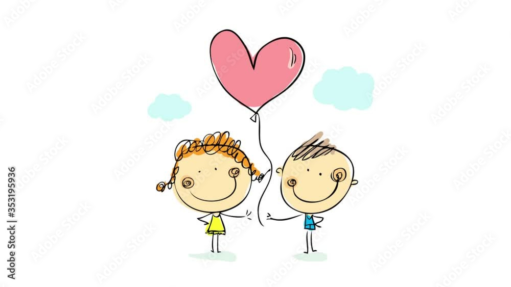 portrait of young happy couple holding the thread of a pink heart shaped balloon under a soft cloudy sky with cute pastel colors and childish drawing style portrait of young happy couple holding the thread of a pink heart shaped balloon under a soft cloudy sky with cute pastel colors and childish drawing style