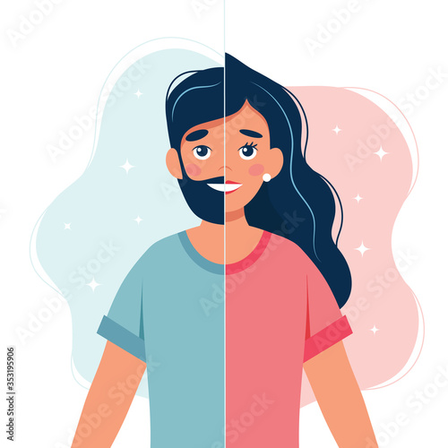Gender identity concept. Gender transition. Person with half woman and half man face. Vector illustration in flat style