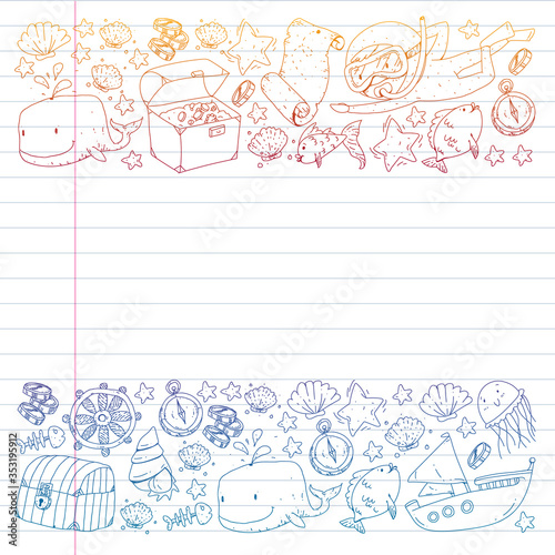 Vector set with underwater diving icons and pirate elements. Treasure chest, ship, octopus, diver. Little boys and kingergarten preschool girls summer vacation and adnventure