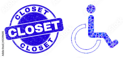 Geometric wheelchair mosaic icon and Closet seal. Blue vector round scratched seal with Closet caption. Abstract concept of wheelchair organized of round, triangles, square geometric spots.