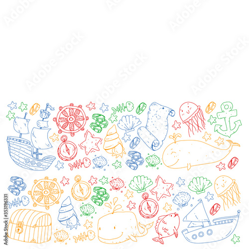 Vector set with underwater diving icons and pirate elements. Treasure chest, ship, octopus, diver. Little boys and kingergarten preschool girls summer vacation and adnventure