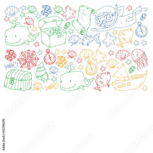 Vector set with underwater diving icons and pirate elements. Treasure chest, ship, octopus, diver. Little boys and kingergarten preschool girls summer vacation and adnventure