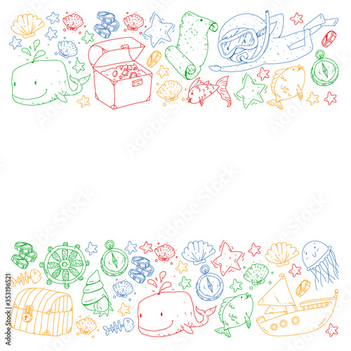 Vector set with underwater diving icons and pirate elements. Treasure chest, ship, octopus, diver. Little boys and kingergarten preschool girls summer vacation and adnventure