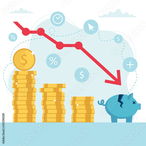 Economic crisis concept, stock market graph falling, money loss. Vector illustration in flat style