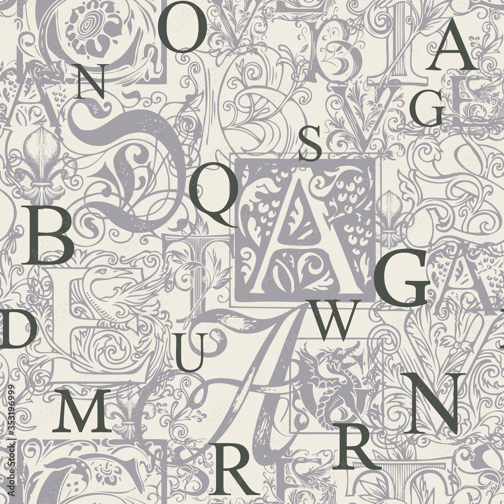 Vector seamless pattern with capital letters and hand-drawn initial ...