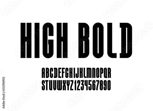 High black font, condensed tall ultra bold alphabet, trendy uppercase Latin letters from A to Z and Arab numbers from 0 to 9 for you designs, vector illustration 10EPS