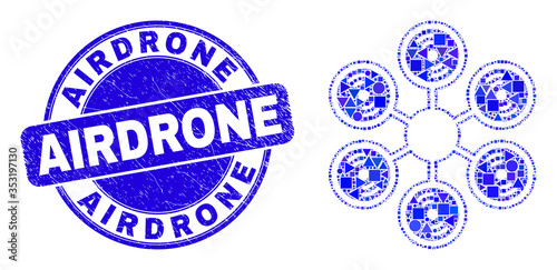 Geometric hexacopter mosaic icon and Airdrone seal. Blue vector rounded textured seal stamp with Airdrone title. Abstract mosaic of hexacopter created of sphere, triangles, square geometric items.