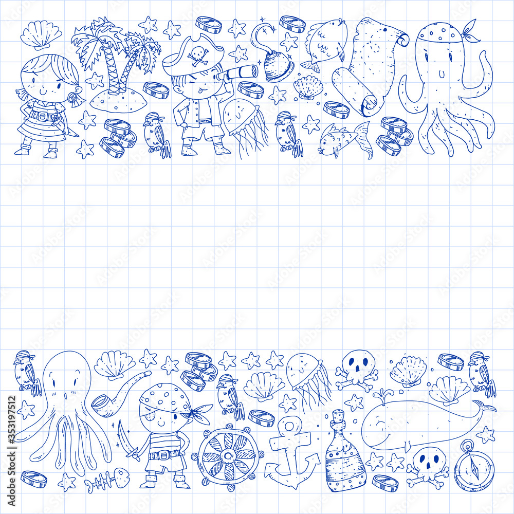 Pirate party. Illustrations for little children. Kids birthday celebration with treasure island, octopus, pirates Pirate party. Illustrations for little children. Kids birthday celebration with treasure island, octopus, pirates