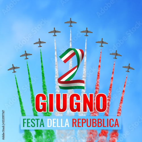 Vector illustration with nine planes and trails in green, white, and red colors of the flag of Italy and text isolated on sky background. Translation: "June 2. Republic Day.