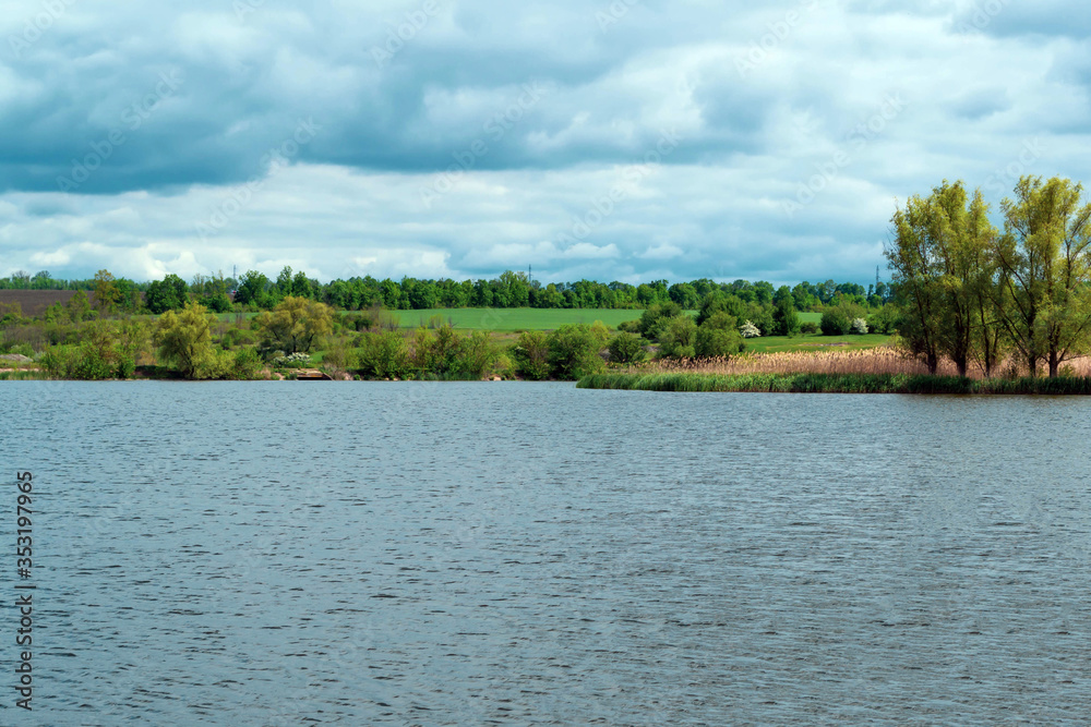 River landscape, river bank, spring grass River landscape, river bank, spring grass