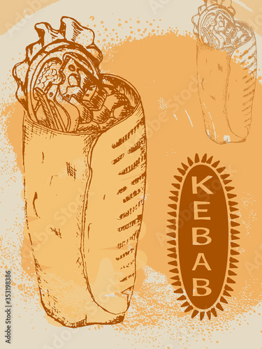 vector sketch Doner kebab in pita bread on a stained lemon background. menu template, banner, poster, prospectus