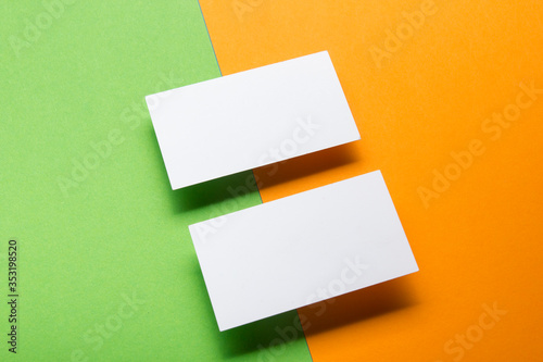 Business cards blank. Mockup on color background. Flat Lay. copy space for text