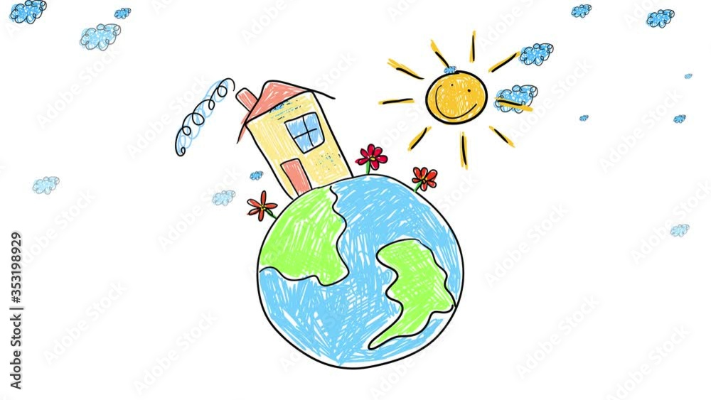 doodle of planet earth with a small house built on top with clouds moving behind it and the fireplace on suggesting there is people inside