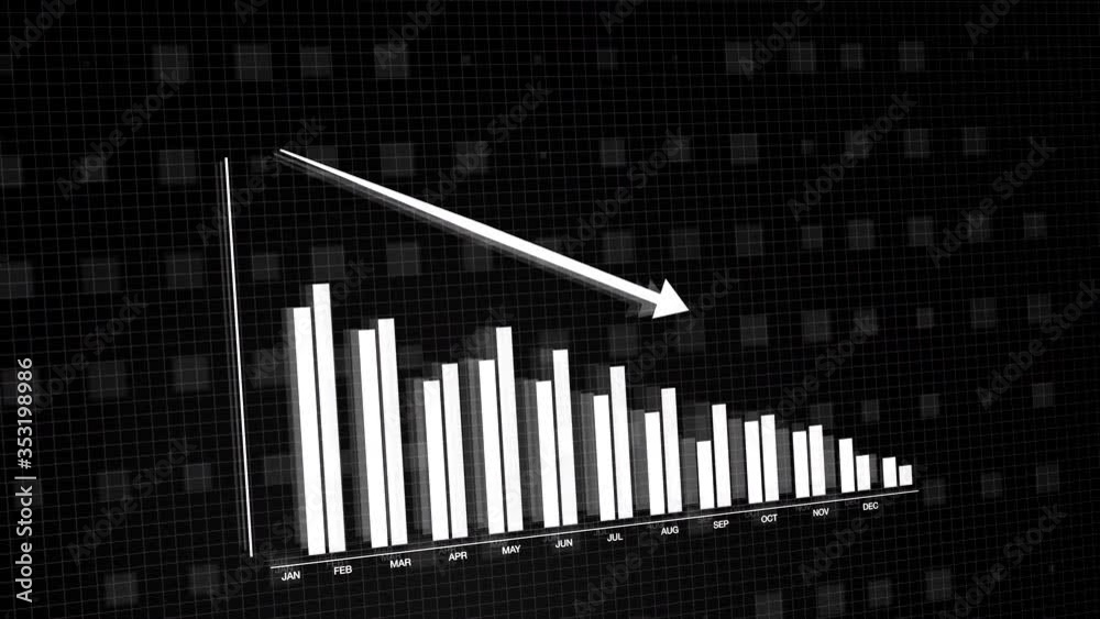 White on black modern 3D animation of 2D vector graphic of bar graph chart plummeting.
