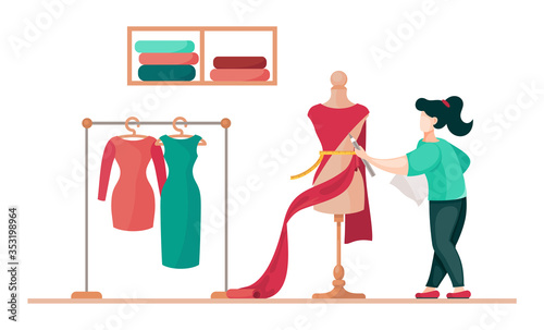 Designer working at new model of dress. Sewer measure waist of dress. Concept of sewing workshop with seamstress working near stand with dresses. Woman working in fashion atelier. Flat illustration