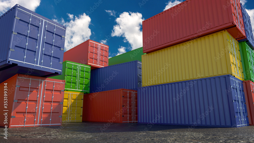 Fototapeta premium Cargo Containers Terminal. Industrial Port - 3D Illustration