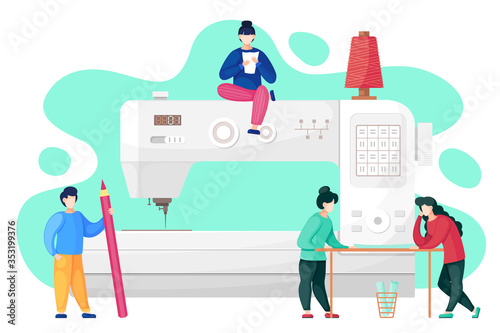 The concept of tailoring fashionable clothes. A team of seamstresses is working on a model of a new clothes. Big sewing machine, tiny dressmakers. Concept of creative atelier. Flat vector illustration