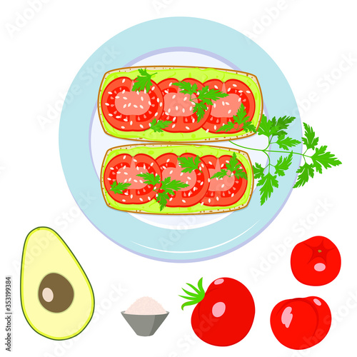 Sandwiches with avocado, tomato, sesame, parsley. Isolated vector image on a white background.