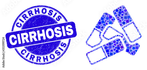Geometric medical pills mosaic icon and Cirrhosis stamp. Blue vector rounded textured seal stamp with Cirrhosis message. Abstract mosaic of medical pills designed of spheric, triangles,