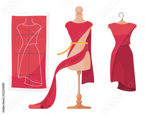 Vector illustration isolated at white background. Process of dressmaking. Pattern of elegant dress with marked fields. Sewing dress, glamour dress at mannequin. Ready fashionable cloth at hanger