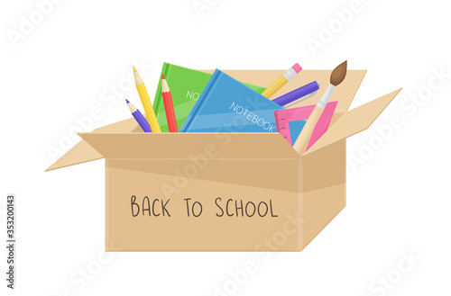 School stuff in cardboard box. Back to school concept. Vector cartoon illustration with education equipment, notebooks, brush, ruler, pencils and pen. Donation box with stationery items