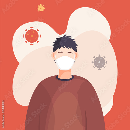 Cartoon icon, portrait of young man in respiratory mask with flying virus pathogen around. Stop virus spreading concept. Web poster or banner in vector style with cartoon character. Viral epidemic