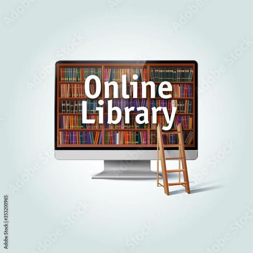 Online library banner, poster, advertising design concept. Monitor screen, library bookshelf and stairs. Editable EPS vector