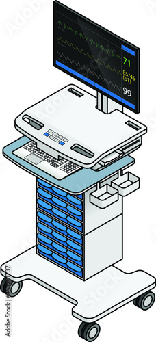 A hospital bedside ICU monitoring workstation showing vital signs display on the screen.