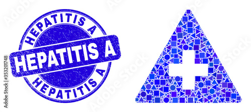 Geometric medical warning triangle mosaic pictogram and Hepatitis A seal stamp. Blue vector round scratched seal stamp with Hepatitis A text.
