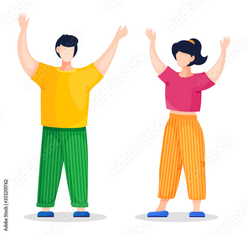 Teamworking, young people standing and holding hands up, raised hands volunteer concept,team relationship and support, team voiting, business, friendly gesture, posing arms isolated on white photo