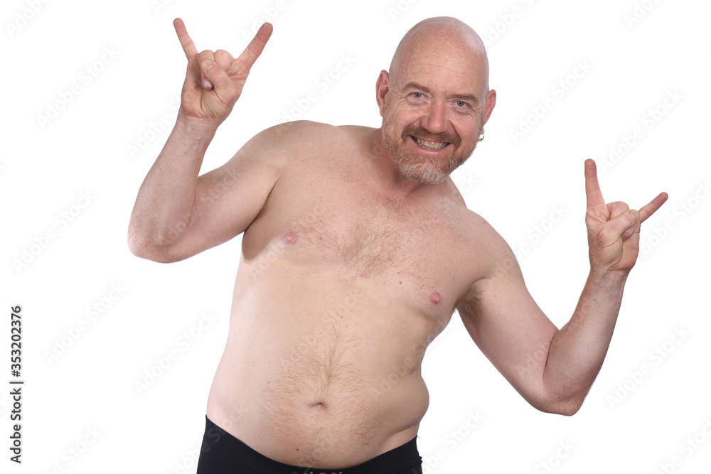 shirtless man with horns sign on white background shirtless man with horns sign on white background
