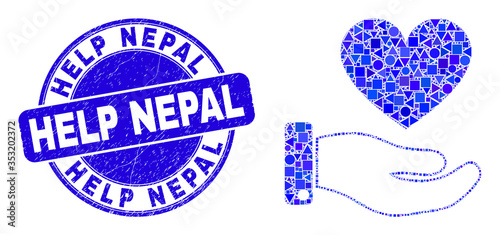 Geometric heart donation hand mosaic pictogram and Help Nepal seal. Blue vector round textured seal with Help Nepal text. Abstract mosaic of heart donation hand constructed of spheric, triangles,