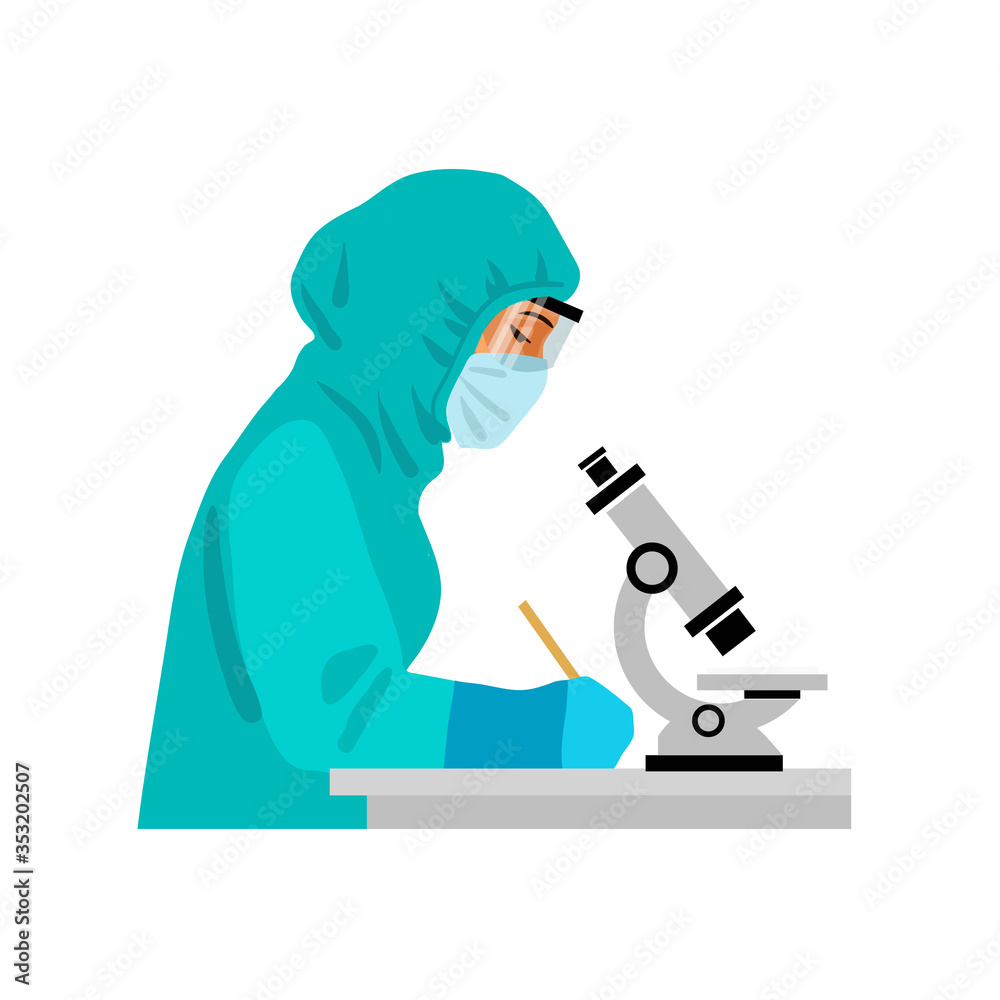 Woman scientist in potective suit and mask looking through microscope. Vector illustration.