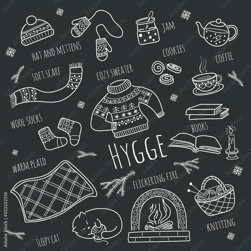 Hygge, a warm and cozy set of Doodle-style items. Vector illustration, individual elements on a dark background.