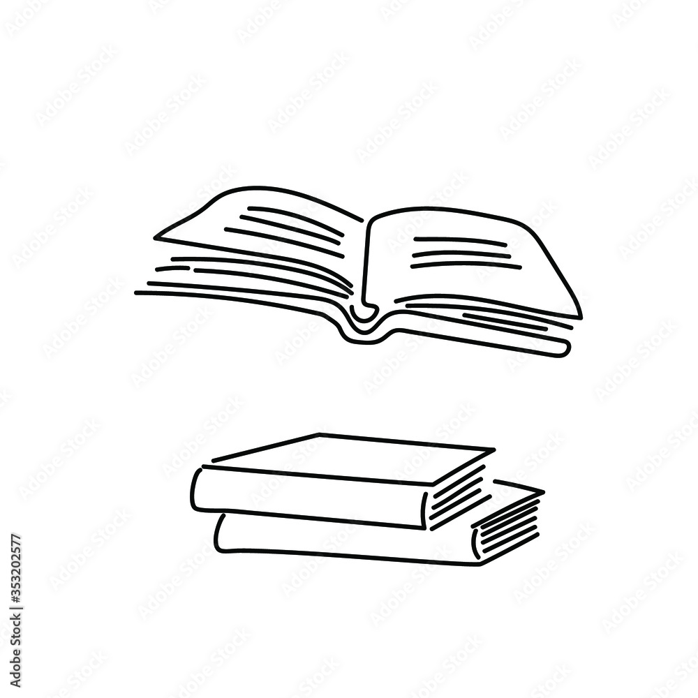 Books stacked and opened. Vector image in doodle style. Black drawing on a white background.