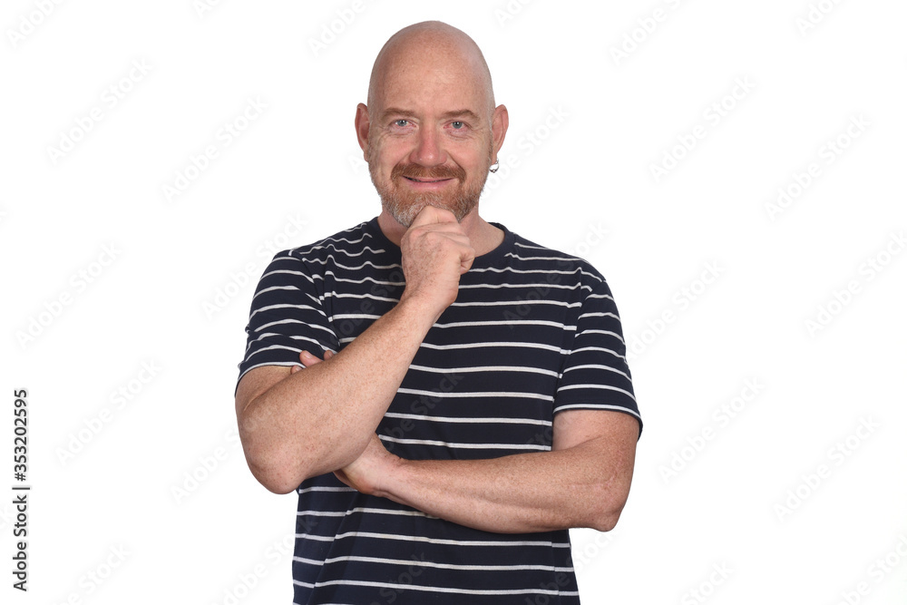 portrait of a man front view and hand on chin on white background portrait of a man front view and hand on chin on white background