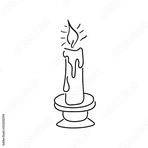 Candle with a burning spark and melting wax. Vector image in doodle style. Black drawing on a white background.