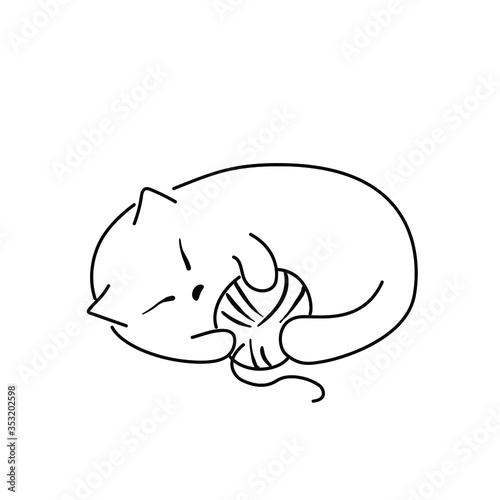 The kitten plays a ball of thread. Vector image in doodle style. Black drawing on a white background.