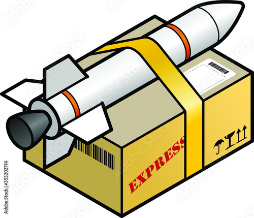 Express / rapid shipment concept: A brown paper wrapped parcel with a rocket taped / strapped to it.